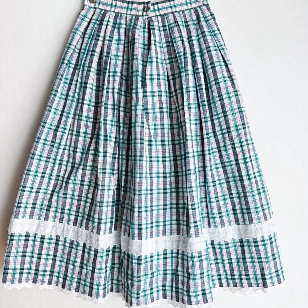 Vintage Check Print Green White Picnic Table Motif Midi Skirt S